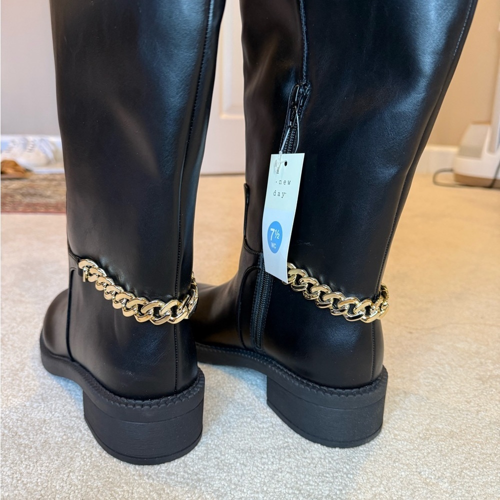 NWT A New Day Bobbi Boots Black Knee High Faux Leather Boots Gold Chain Size 7.5 - Picture 9 of 11